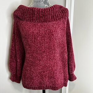 Women’s Pink Rose Chenille Off The Shoulder Pullover Sweater. Puff Sleeve. Large